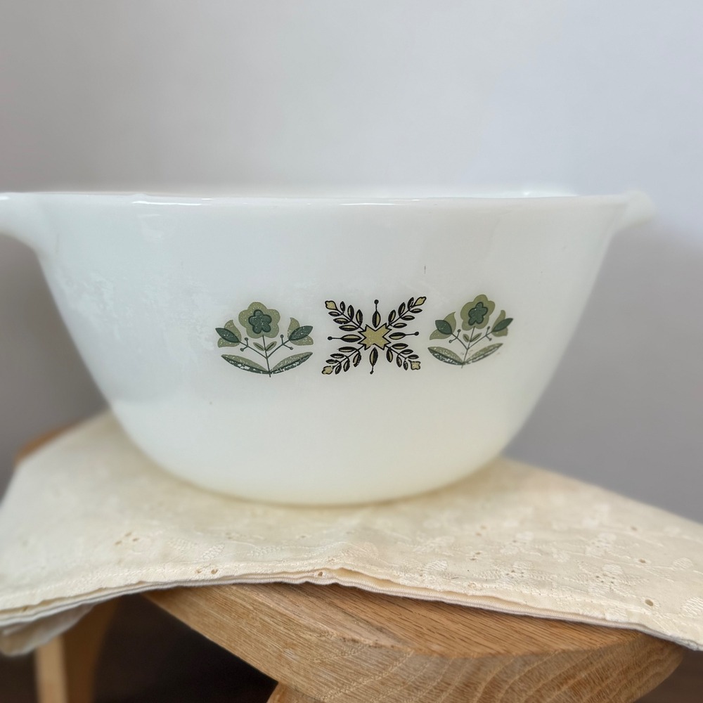 Anchor Hocking Fire King Milk Glass Mixing Bowl Green Floral 10" Vintage Kitchen